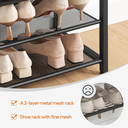 HOOBRO Small Shoe Bench, 3-Tier Shoe Rack, Shoe Storage Bench with PU Seat Cushion, Entryway Shoe Rack Bench with Metal Mesh Shelves, Freestanding Shoe Organizer for Hallway, Black BB33HX01