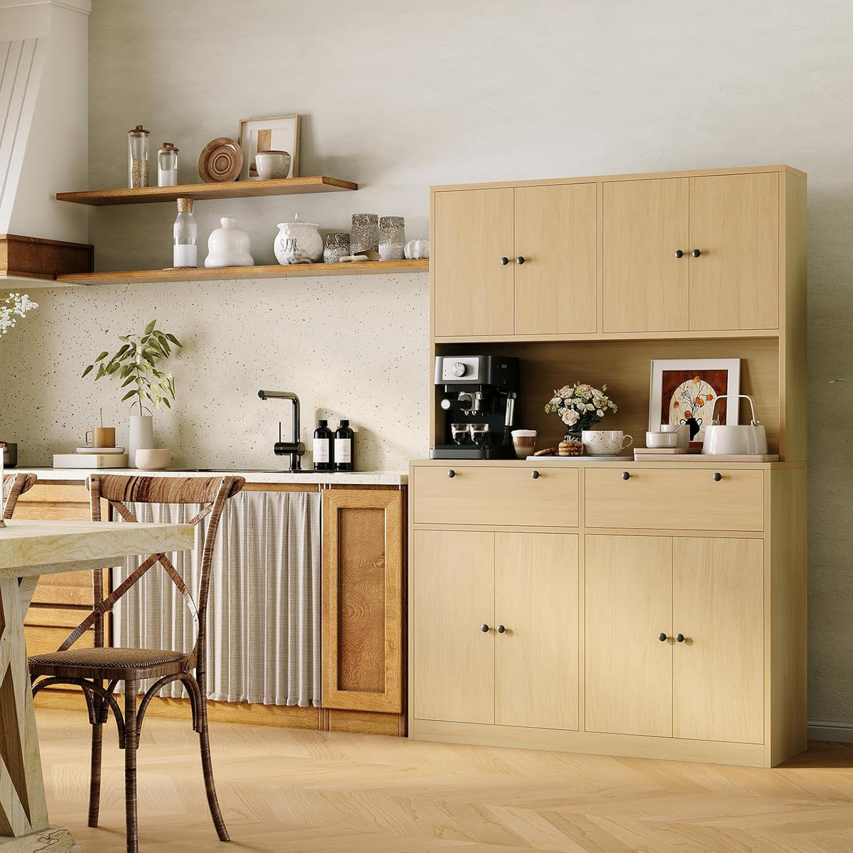 Modern Tall Kitchen Pantry Cabinet with Charging Station - 71" Height, 47" Wide Hutch, 2 Drawers, 8 Doors, Adjustable Shelves, Countertop - Dining Room or Kitchen Storage - Natural Wood