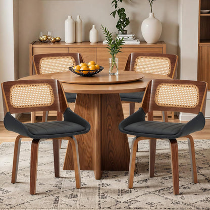 AVAWING Swivel Dining Chairs Set of 4, Mid Century Modern Dining Room Chairs with Cane Back & Leather Seat, Upholstered Rattan Chairs with Walnut Bentwood Frame & Adjustable Foot Pads, Black