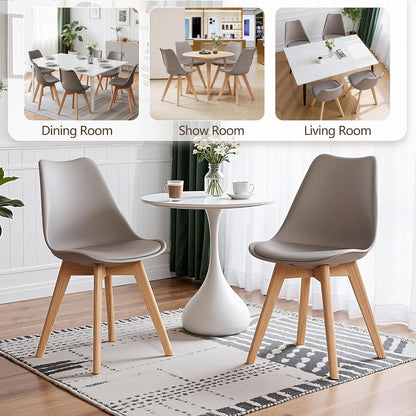 VECELO Dining Chairs Set of 4, Mid-Century Modern Kitchen & Dining Room Chairs, PU Leather Upholstered Seat, Solid Wood Legs, Armless, Non-Slip Feet, Grey