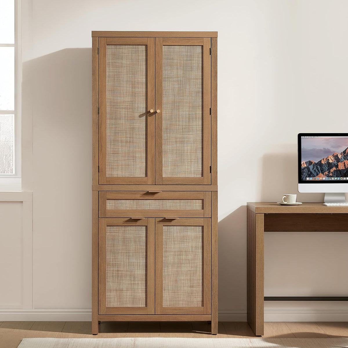 SICOTAS 72 inch Pantry Cabinet with Drawer & 4 Doors, Rattan Buffet Cabinet | Farmhouse Boho Freestanding Cupboard Pantry, Tall Storage Cabinet with Storage for Living Room, Dining Room