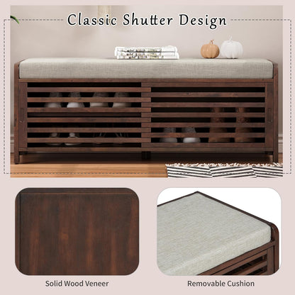 Ball & Cast Entryway Storage Bench with Shutter Doors, 43.3" Wooden Shoes Organizer, Modern Movable Upholstered Seat Entryway Shoe Rack Cabinet for Hallway Living Room, Espresso