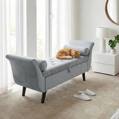 Velvet Bench for Bedroom End of Bed, 60.5 inch Upholstered Button Tufted Ottoman Bench with Rolled Arms, Button-Tufted Ottoman for Living Room, Entryway (Light Grey)
