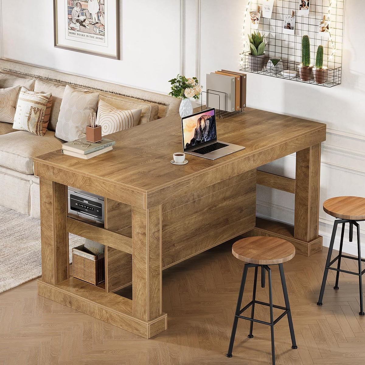 Tribesigns 55" Kitchen Island with Seating and Storage, 3-Tier, Farmhouse | Wood Stationary Island Table with Large Worktop & Legroom, Sturdy Coffee Bar Table with Storage Shelf for Kitchen, Brown