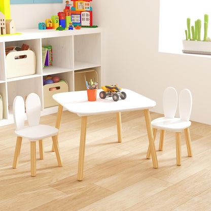 ALEVINE Kids Table and 2 Rabbit Ear Chairs Set, 3-Piece Toddler Wooden Activity Table and Chair Set with Solid Wood Legs, White