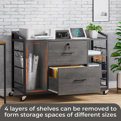 SEDETA 44" File Cabinet with Lock, Filing Cabinet fits Legal/Letter Size | Grey Lateral 2 Drawer Filing Cabinets for Home Office with Lock, Power Strip, 6 Storage Shelves, Wheels and 4 Hooks