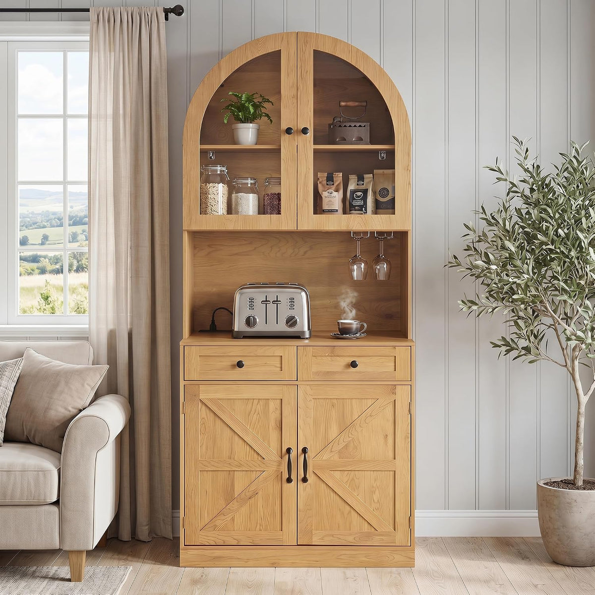 Farmhouse Pantry Cabinet w/Charging Station, Oak | Adjustable Shelves & Open Countertop, Cup Holder & 2 Drawers 75" Tall Arched Coffee Bar for Kitchen Dining Room Living Room