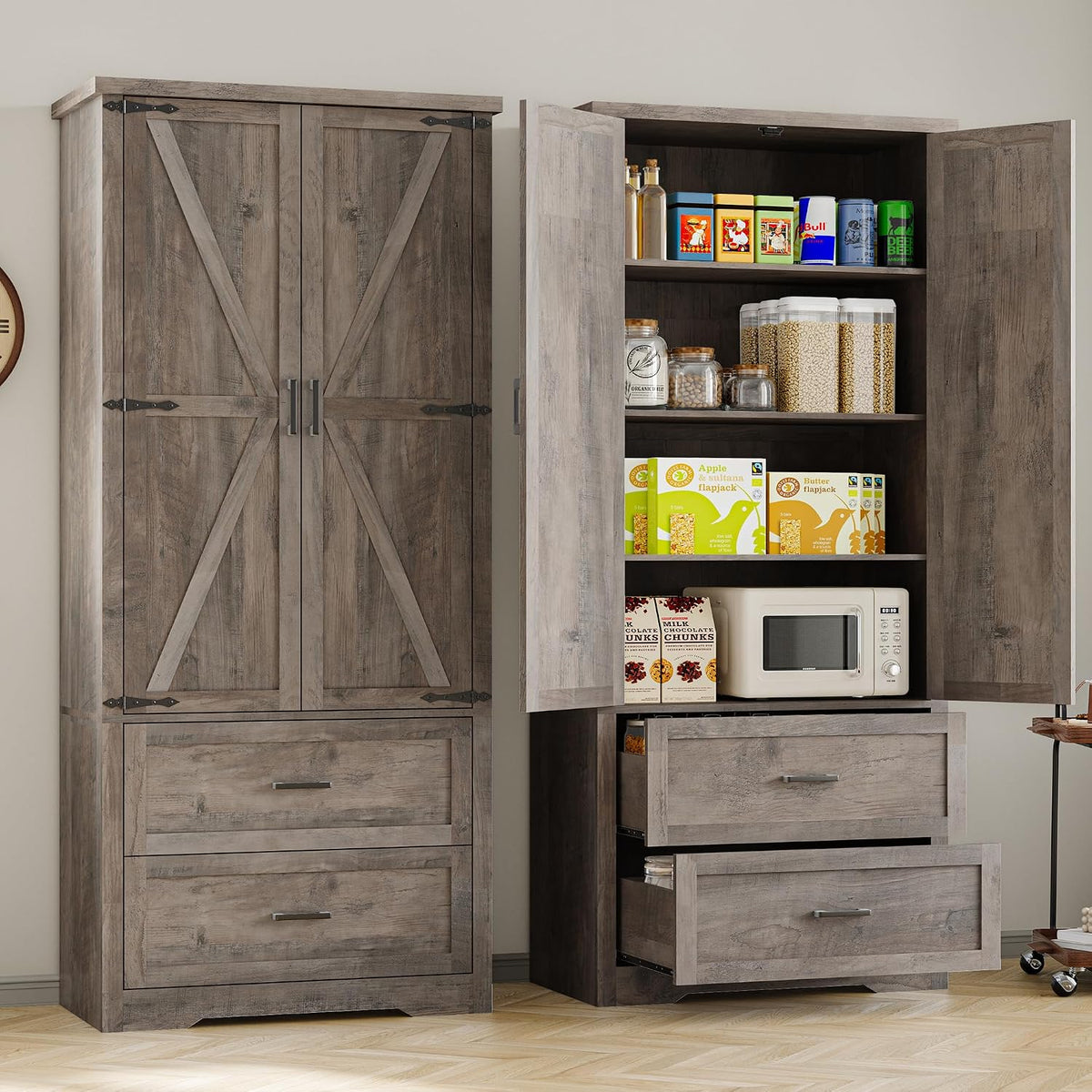 BORNOON Pantry Organizers and Storage Cabinet, 71” Barn Door White Kitchen Cabinet with Drawers and Adjustable Shelf, Tall Pantry for Kitchen, Dining Room, Living Room. Bathroom and Office