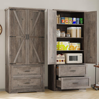 BORNOON Pantry Organizers and Storage Cabinet, 71” Barn Door White Kitchen Cabinet with Drawers and Adjustable Shelf, Tall Pantry for Kitchen, Dining Room, Living Room. Bathroom and Office