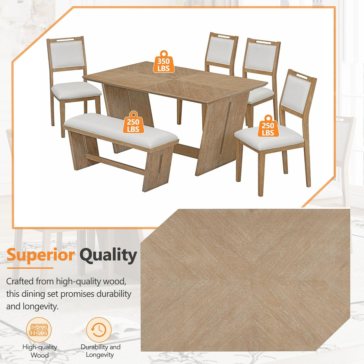 Merax 6-Piece Retro Dining Set, 1 Rectangular Table with Stable Trapezoidal Table Base and 4 Upholstered Chairs and 1 Bench for Dining Room and Kitchen, Natural Wood Wash