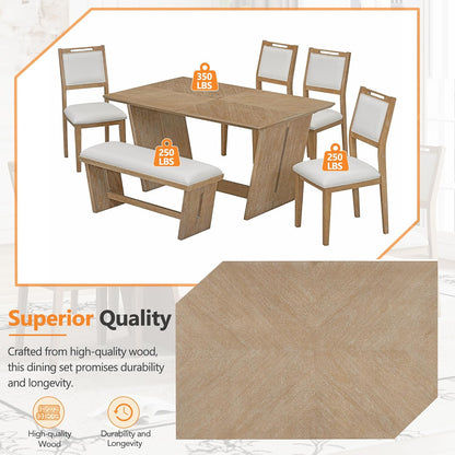 Merax 6-Piece Retro Dining Set, 1 Rectangular Table with Stable Trapezoidal Table Base and 4 Upholstered Chairs and 1 Bench for Dining Room and Kitchen, Natural Wood Wash