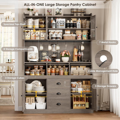 HIFIT 71.4” H Kitchen Hutch Pantry Cabinet with 3 Bread Boxes&7 Metal Hooks | Farmhouse Kitchen Hutch Cabinet with Storage and Glass Doors for Living Dining Room, Home Office, Ash Grey