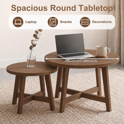 47.2" Round Nesting Coffee Table Set of 2 Walnut Wood Grain Center Tables | Space-Saving Stackable Design | Reinforced X-Cross Support Structure | Waterproof Scratch-Resistant Surface Finish