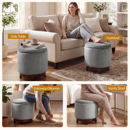 Giantex Round Ottoman with Storage, 360° Swivel Velvet Vanity Stool with Removable Lid, Wood Frame & Legs, Ottoman Foot Rest for Living Room, Bedroom, Makeup Room No Assembly (Gray & Walnut)