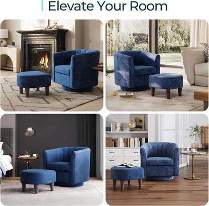 LINSY Large Swivel Accent Chair with Ottoman, Velvet Barrel Chair with Footrest, Modern Upholstered Comfy Reading Chair Armchair for Living Room, Bedroom, Study Room, Office, Blue