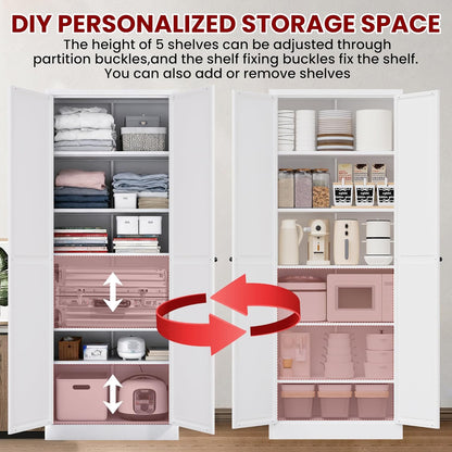 AQY Metal Pantry Cabinet with Doors & Shelves, 61” Tall White Kitchen Storage Cabinet, Freestanding Pantry Organizer for Kitchen, Living Room, Garage, Adjustable Shelves, Heavy-Duty Steel Storage Cabi