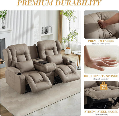 Loveseat Recliner Sofa,RV Wall Hugger Recliners for Small Spaces,Reclining Loveseat Sofa Recliner with Cup Holders/Lumbar Pillows,RV Furniture (Khaki, Loveseat with Flip-up Console)