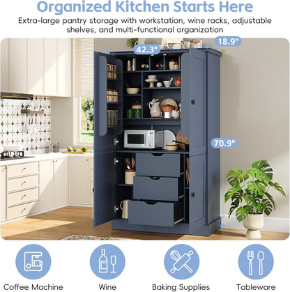 71" H Large Kitchen Pantry with 4 Doors, Freestanding Buffet with 3 Drawers, 6 Door Shelves and 6 Wine Racks, Wooden Storage Cabinet with Adjustable Shelves for Kitchen, Dining Room, Blue