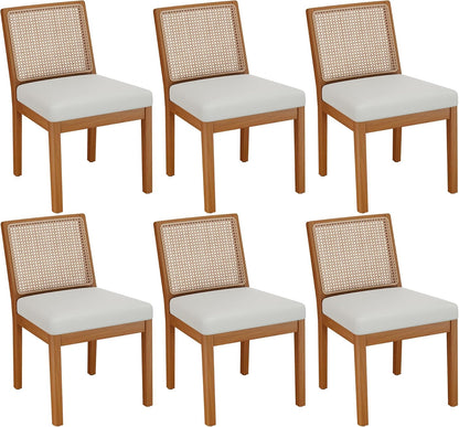 Andeworld Farmhouse Natural Rattan Dining Chairs Set of 6, Upholstered Mid Century Modern Kitchen Dining Room Side Chairs, Armless Faux Leather Kitchen Chairs with Wood Frame, Beige