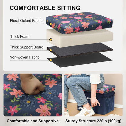 49L Floral Foldable Storage Ottoman 220lb Heavy Duty Sitting Stool | 2-in-1 Seating footrest, Thick floral padded seat, Mesh side pockets, Padded handles, For home camping picnic