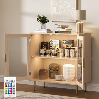 Housoul Buffet Cabinet with LED Lights, Sideboard Cabinet with 2 Doors Acrylic, 32" Modern Buffet Cabinet with Shelf, Coffee Bar Cabinet for Living Room, Kitchen, Oak