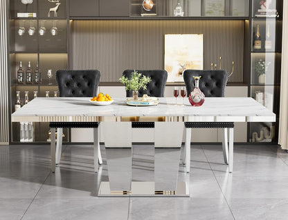 63"-94" Modern Extendable Dining Room Table for 6 8 10, Large White Faux Marble Expandable Kitchen Table with Mirrored Columnar Pedestal Base for Home Kitchen Dining Room Family Gathering