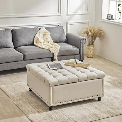 Redlife 35 Inch Large Square Storage Ottoman, Coffee Table Ottoman, Linen | Lift Top Ottomans Bench Square Footrest Oversized Upholstered Coffee Table for Living Room Bedroom (Beige)