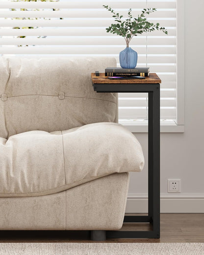 TUTOTAK C Shaped End Table, Tilting Laptop Stand Side Table, Under Couch Table for Living Room Bedroom, Brown TB01BB089
