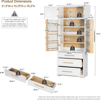 Virubi 78.2" Tall Farmhouse Kitchen Pantry Cabinet with 8 Door Shelves, Storage Cabinet with 3 Adjustable Shelves, 3 Large Drawers, Versatile Cupboard for Kitchen, Dining & Bathroom (Retro White2)