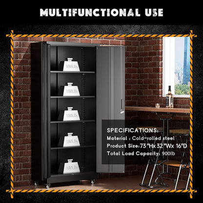 Greenvelly 73" Metal Garage Storage Cabinet with Wheels, Black Lockable Metal Cabinet with 2 Doors and 4 Adjustable Shelves, Rolling Steel Tool Organization for Garage, Home, Office, School