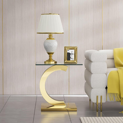 Modern Square Glass End Side Table with C-Shape Gold Stainless Steel Base, 22.83" Small Glass Top Bed Side Coffee Table Nightstand for Living Room Bedroom Office