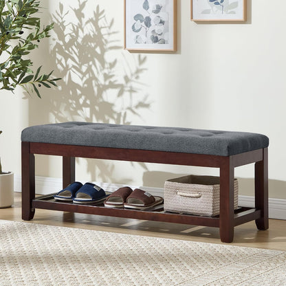 Shoe Bench Entryway, 44" End of Bed Bench,Upholstered Linen Bench for Living Room,Fabric Ottoman Bench with Solid Wood Shelf for Bedroom, Entrance Darkgrey