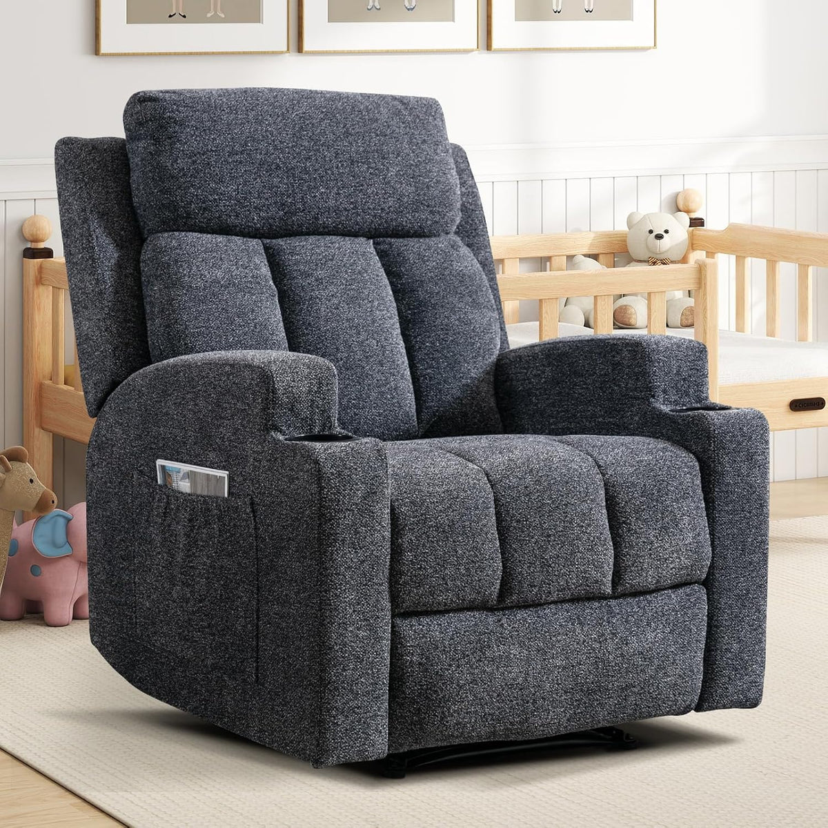 CANMOV Manual Recliner Chair with Massage and Heat, Soft Fabric Recliner Chair with Overstuffed Arm and Back, Manual Reclining Single Sofa with 2 Cup Holders, Side Pocket for Living Room, Dark Grey