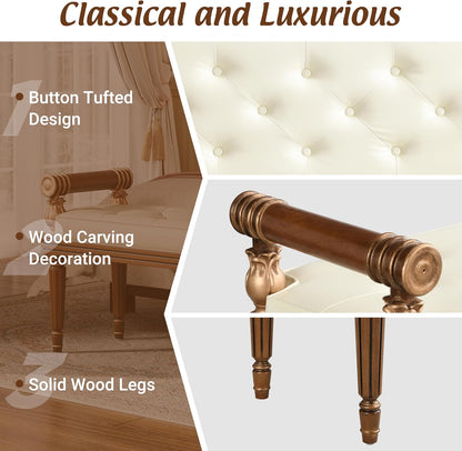 Christopher Knight Home Yae Luxurious PU Leather Upholstered End of Bed Ottoman, Wooden Living Room Ottoman Bench with Fluted Legs/Cylindrical Arm, Long Entryway Bench with Button Tufting, Brown+Beige