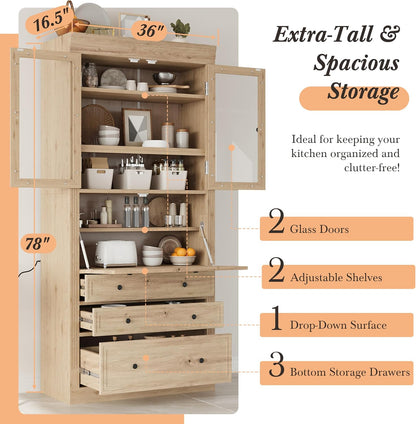 Merax 78" Pantry Cabinet with Charging Station, Farmhouse Kitchen Pantry Cabinet with Microwave Stand, Versatile Storage Cabinet for Kitchen, Dining Room, Natrual