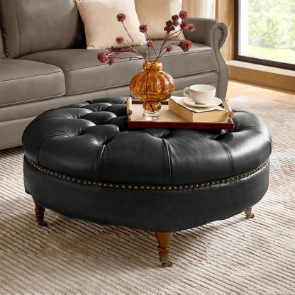 HULALA HOME 40" Genuine Leather Coffee Table, Large Round Button Tufted Coffee Table with Rolling Wheels, Solid Wood Legs, Nailhead Trim, Upholstered Ottoman Seating for Living Room, Black