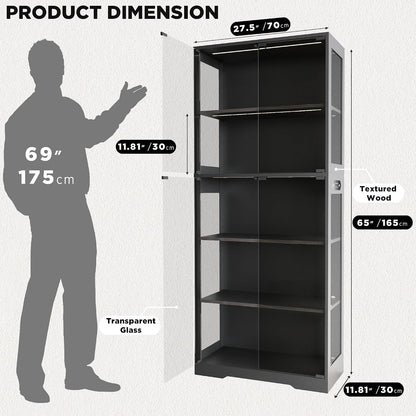 Display Cabinet with Glass Doors, 5-Tier 65" Glass Display Cabinet with LED 3-Color Lights & Human Body Sensor, Curio Cabinet with Textured Wood Shelves for Collectibles, Black Wood Frame