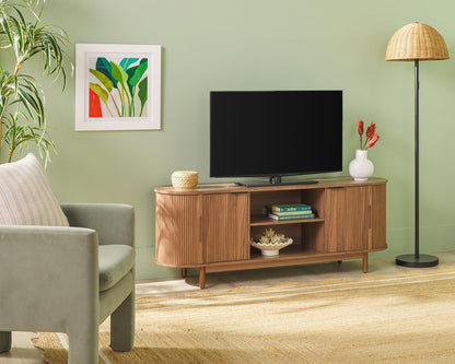 Walker Edison Chloe Curved Reeded TV Stand, Sliding Doors, 65 Inch, 60 inch, Mocha