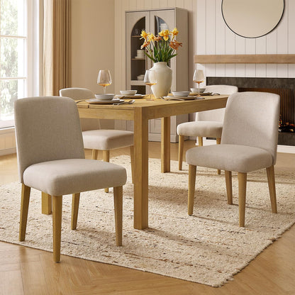 mopio Logan Upholstered Beige Parson Dining Chair Set of 4, Modern Farmhouse Solid Light Oak Wood with Ergonomic Curved Back Rest for Dining Room and Kitchen