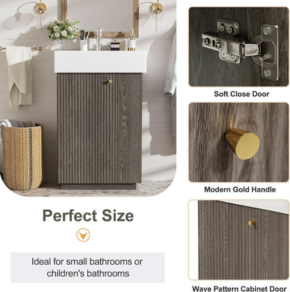 JIVOIT Bathroom Vanity with Ceramic Sink, 21.6" Bathroom Cabinet with Open and Closed Storage, a Tissue Holder, Side Storage, Modern Left Door Wood Grain Cabinet for Small Space