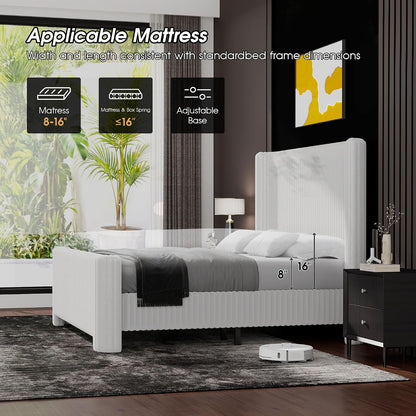 Ihanherry Queen Size Bed Frame with Faux-Fur Curved Wingback Headboard & Footboard, Upholstered Bed Frame with Removable & Washable Cover,Noise Free & Easy Assembly, No Box Spring Needed, White
