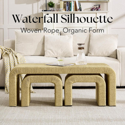 LZAREAL 3-Piece Nesting Woven Rope Coffee Table Set, 47" Boho Waterfall Living Room Table with 2 Stools Underneath, Modern Coastal Center Table Tea Table, Natural
