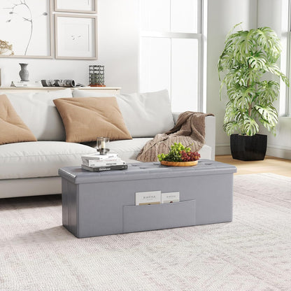 Giantex 43 Inches Folding Storage Ottoman Bench, Upholstered PU Leather Storage Chest with Side Pocket, Padded Seat, End of Bed Bench, Collapsible Ottoman Foot Rest for Living Room, Bedroom & Entryway
