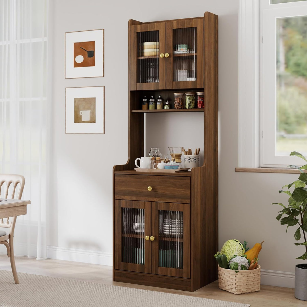 71“ Tall Kitchen Pantry Storage Cabinet, Modern Kitchen Hutch Bar Cabinet with Microwave Stand Buffet Sideboard with Hutch, Cupboard with Doors & Drawer, Coffee Bar Organizer for Dining Room (Walnut)