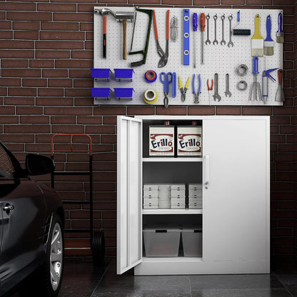 Metal Storage Cabinet, Lockable Steel Storage Cabinet with 2 Doors and Shelves, Metal Cabinet with Lock, Small Locking Cabinet for Home Office (White)