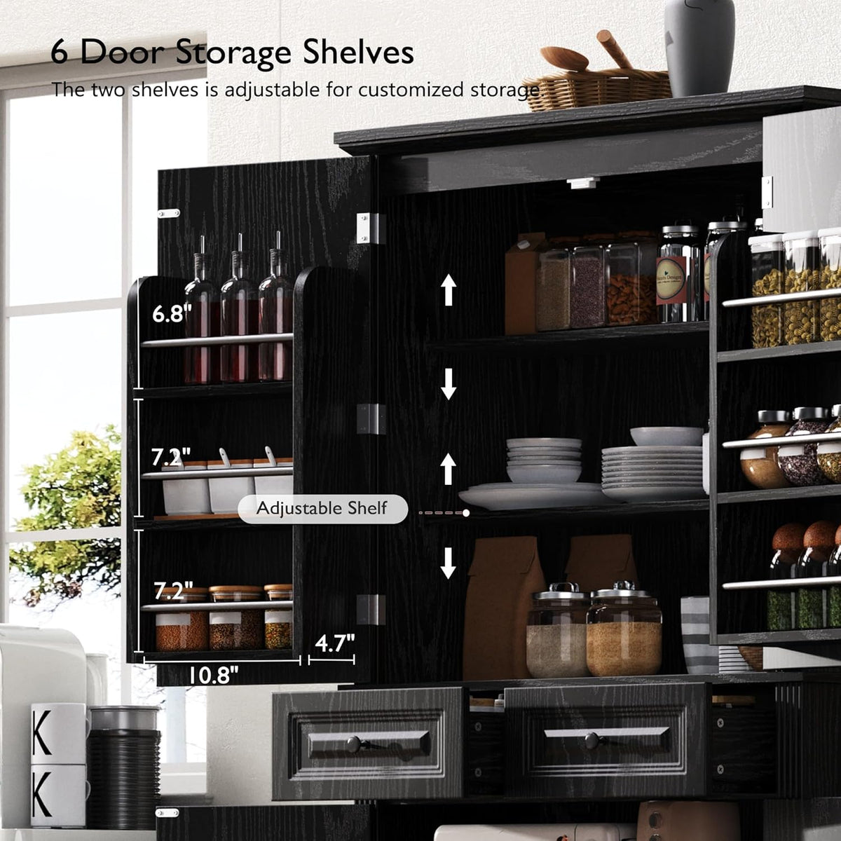 Virubi 71" Tall Kitchen Pantry Cabinet with 3 Pull Out Cabinet Organizers, Farmhouse Embossed Texture Storage Cupboard with Door Shelves, Adjustable Shelves, Anti-Tip Kit for Kitchen & Dining (Black)