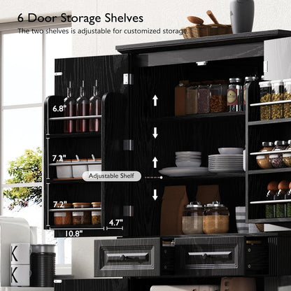 Tall Kitchen Pantry with 3 Pull Out Storage Organizers,Farmhouse Embossed Texture Storage Pantry with 6 Door Shelves,Freestanding Cupboard for Kitchen,Dining Room (Black-PC)