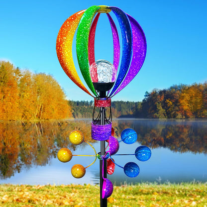 Solar Wind Spinner Outdoor - Hot Air Balloon Wind Spinners, Metal Garden Decor with LED Lights, 360° Rotating Waterproof Yard Decorations, Solar Powered for Day & Night, Lawn & Patio Windmill