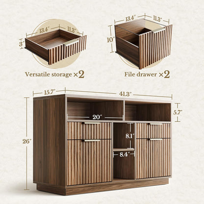 4 Drawer Fluted File Cabinet with Lock for Home Office | Wood Lateral Filing Cabinet for Letter/A4 Files, Charging Station, Open Shelves, Office Storage Cabinet, Black Walnut