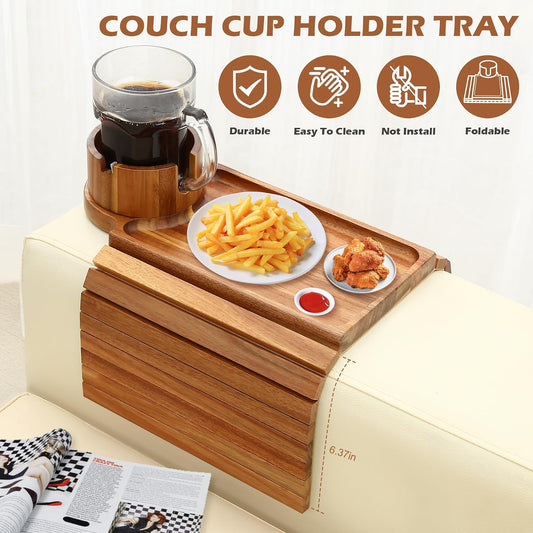 GHKINMAL Couch Cup Holder Tray, Acacia Wood Couch Armrest Table with 360° Ratated Phone Holder, 18.99" Flodable Anti-Slip Sofa Armrest Tray Tables for Snacks Remote Storage